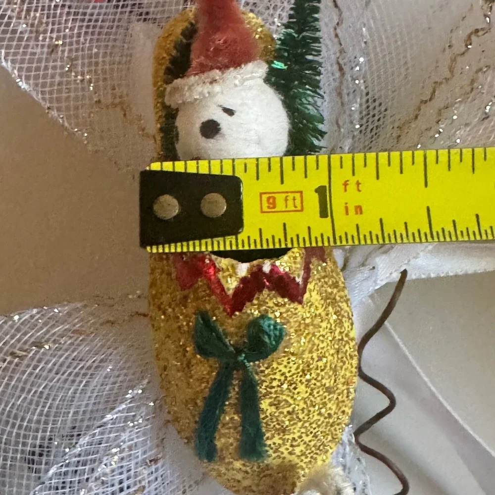 Vintage Christmas Wreath Spun Cotton Figures Japan Glitter elves 7 inch 1960's